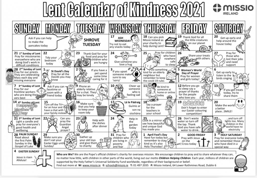 Lent Calendar of Kindness Blackwater Community School, Lismore, Co